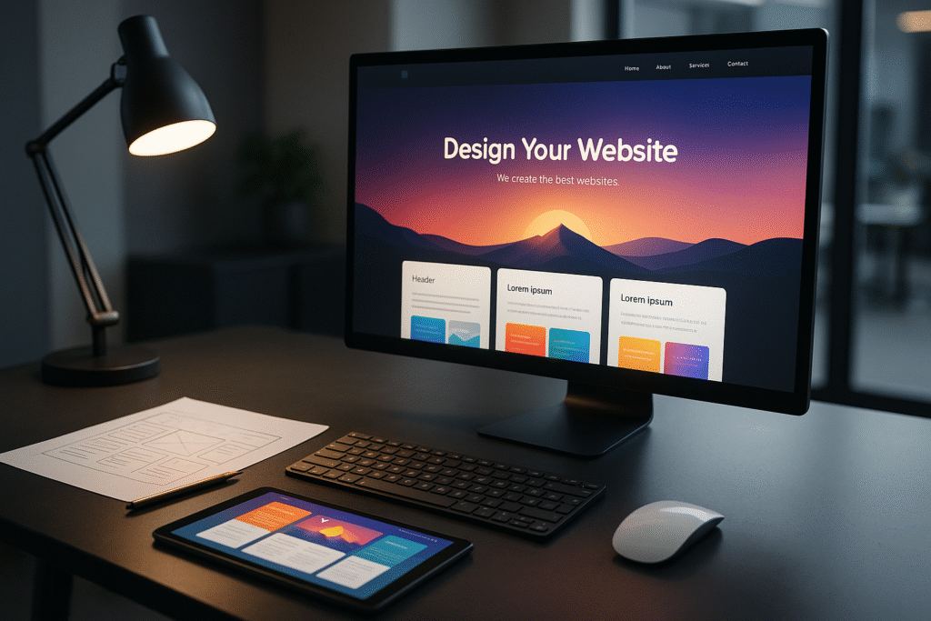 Escritorio de diseñador mostrando el proceso de diseño web profesional, desde un boceto en papel hasta el sitio web final en un monitor brillante.