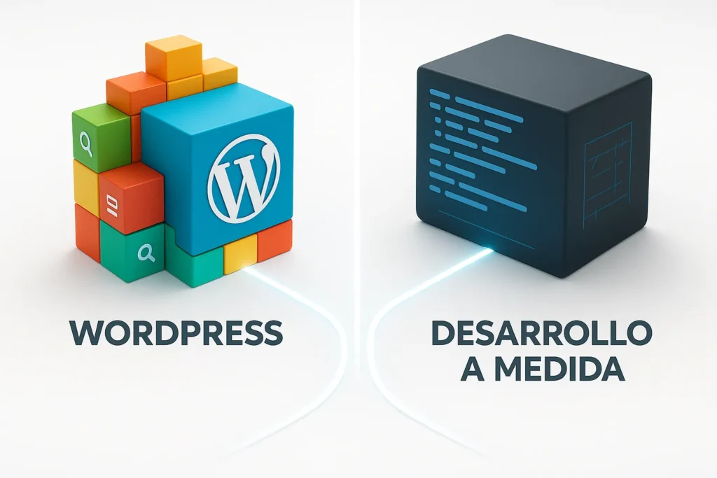 Comparativa visual entre WordPress, mostrando sus bloques y plugins, y el desarrollo a medida, con su código limpio y estructurado.