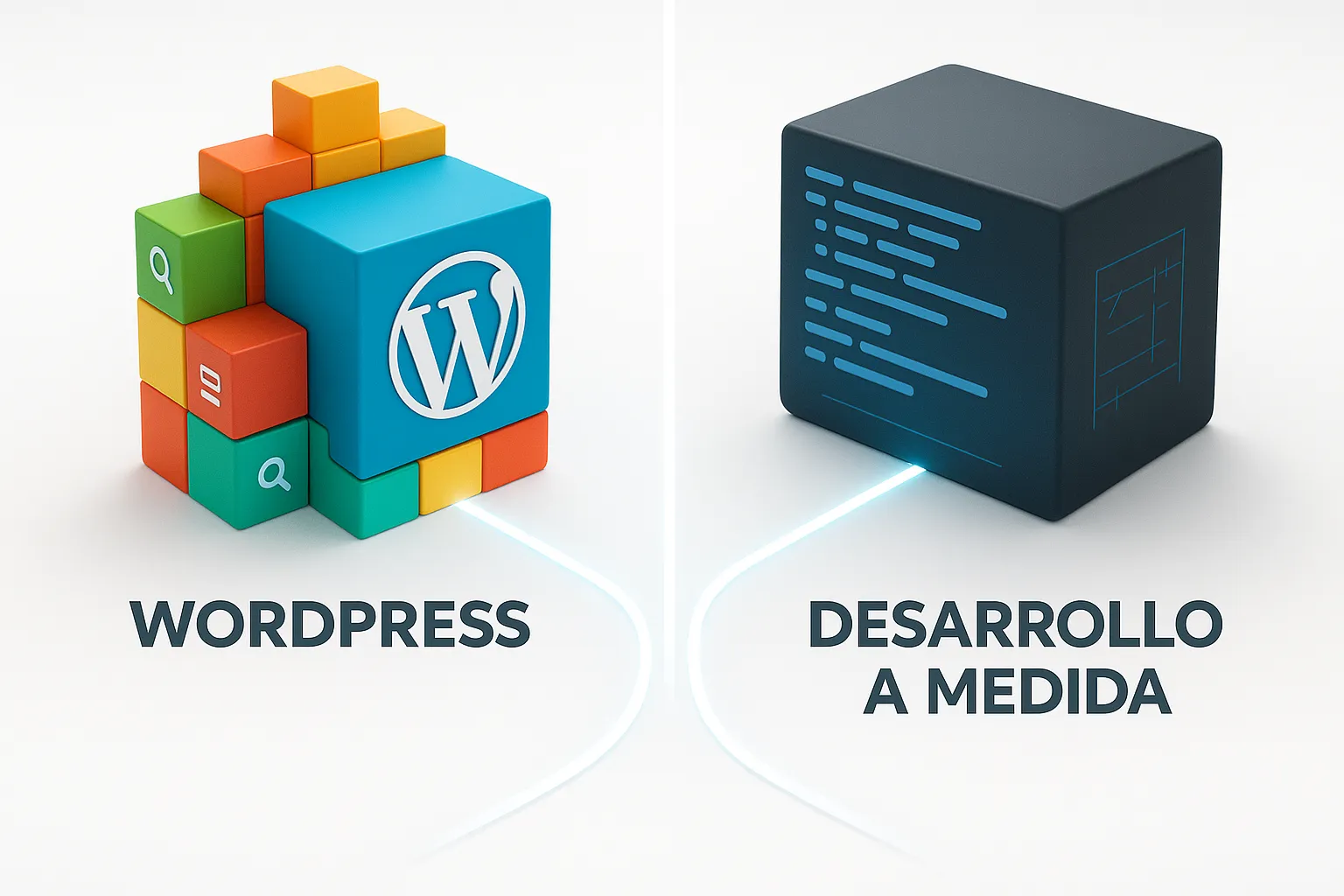 Comparativa visual entre WordPress, mostrando sus bloques y plugins, y el desarrollo a medida, con su código limpio y estructurado.